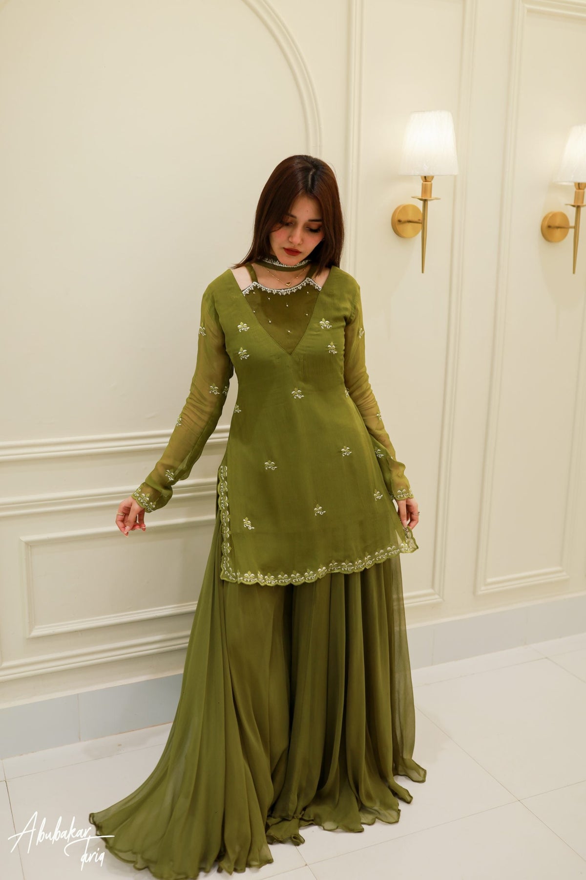 Green Hand Embellished Kurta With Sharara And Dupatta