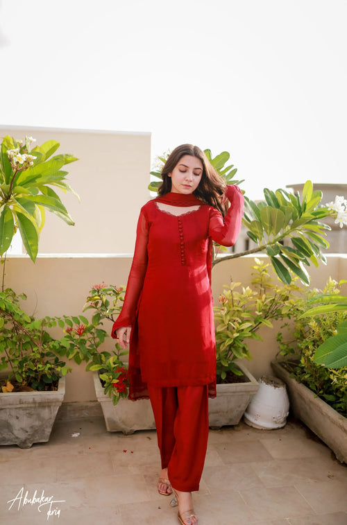 SOLID RED KURTA WITH SHALWAR AND DUPATTA
