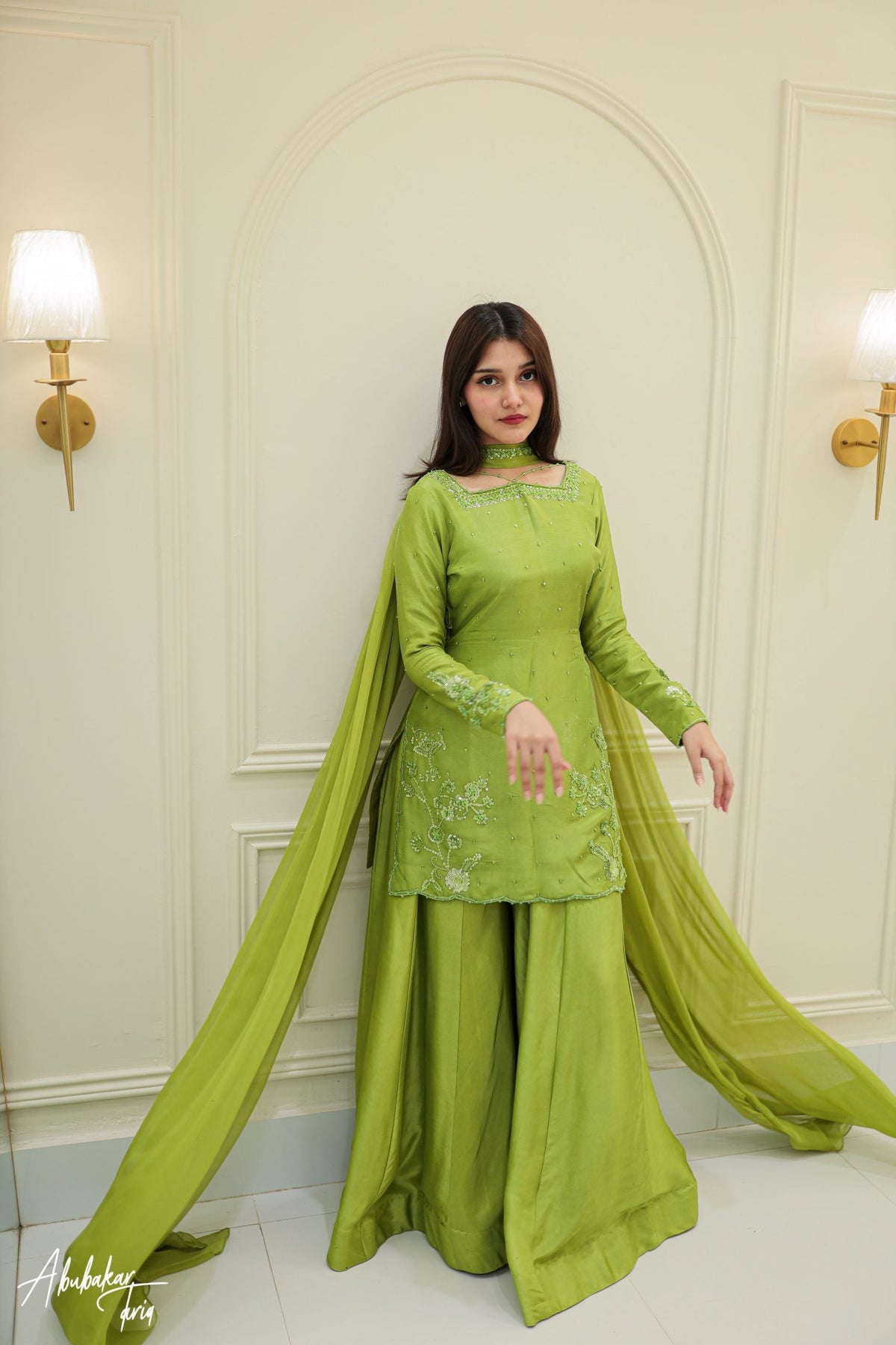 Green Hand Embellished Kurta Sharara Set With Dupatta