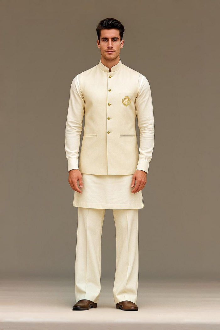 Ivory Waistcoat with Kurta/Pajama - Cotton Silk