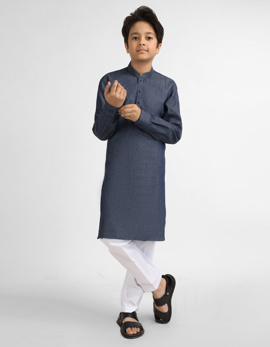 Blue Cotton Casual Short Kurta
