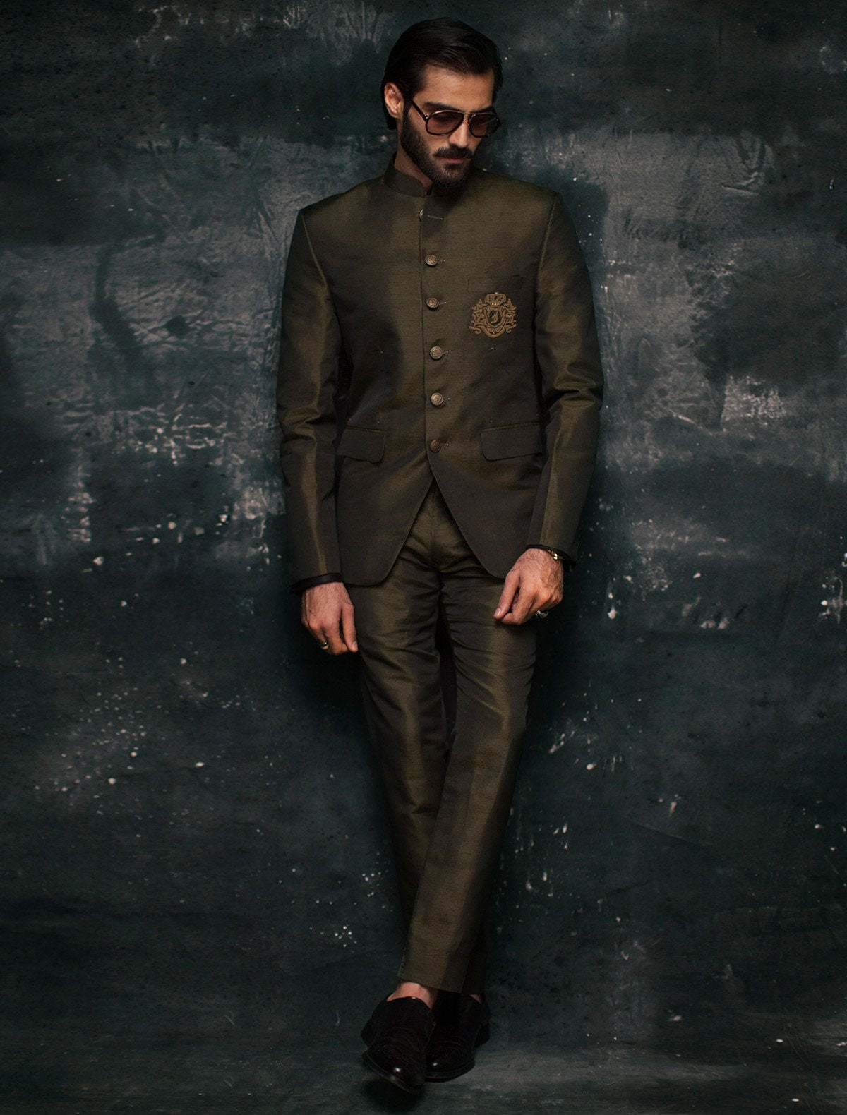 Dark Olive Green Raw Silk Prince Coat