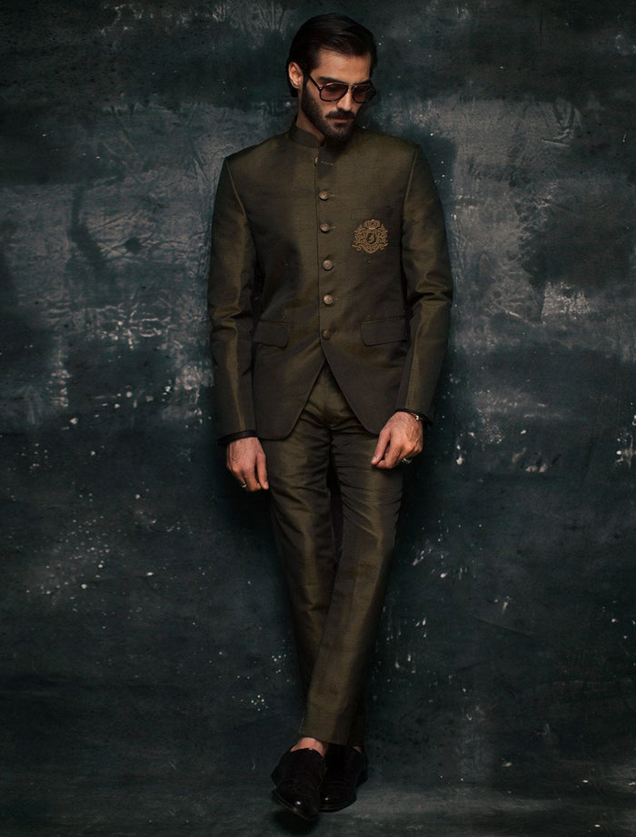 Dark Olive Green Raw Silk Prince Coat