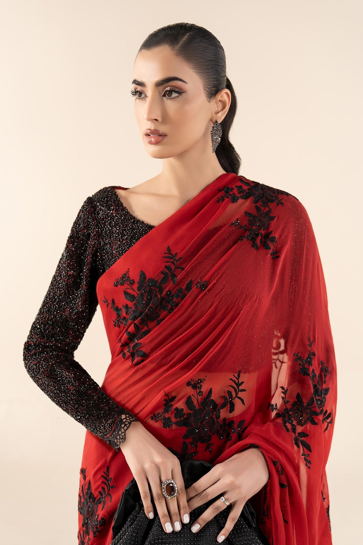 Embroidered Chiffon Saree - Deep Red