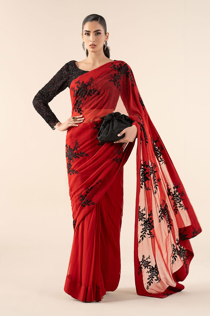 Embroidered Chiffon Saree - Deep Red