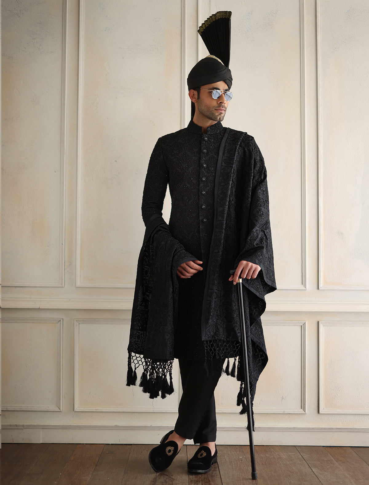 Black Self Embroidered Sherwani