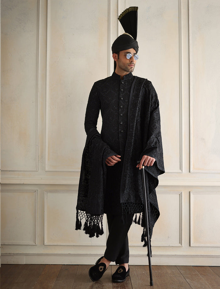 Black Self Embroidered Sherwani