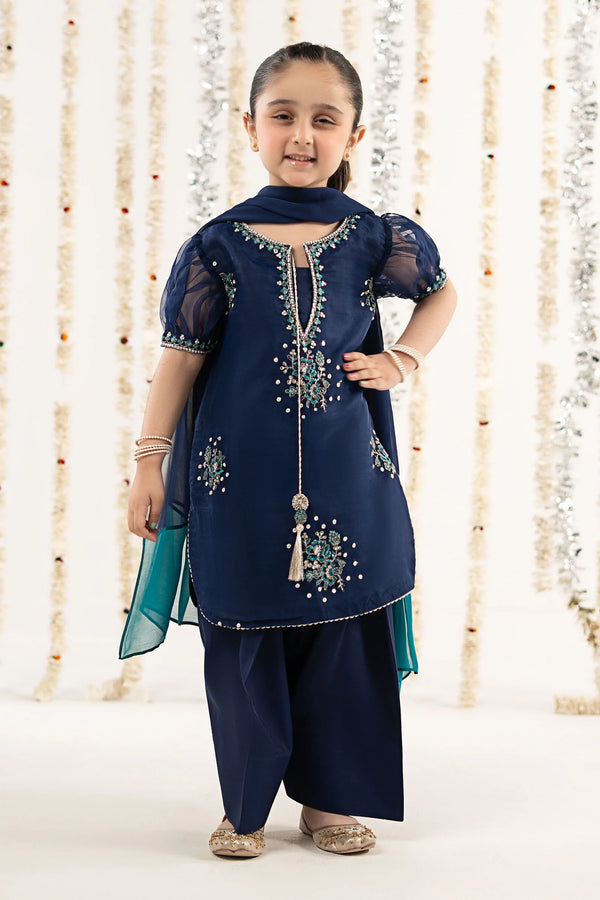 3 Piece Embroidered Organza Suit-MKS-EF26-01-Royal Blue