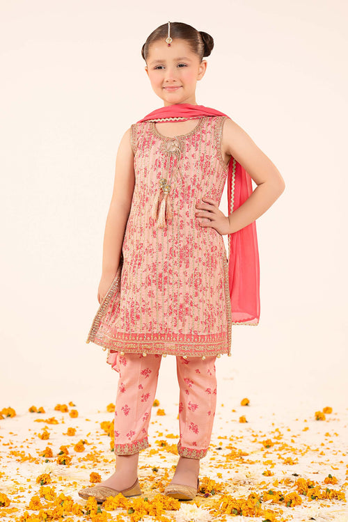 3 Piece Embroidered Raw Silk Suit-MKS-EF26-09-Pink
