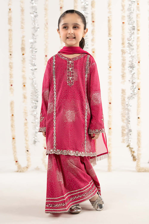 3 Piece Embroidered Raw Silk Suit-MKS-EF26-45-Pink