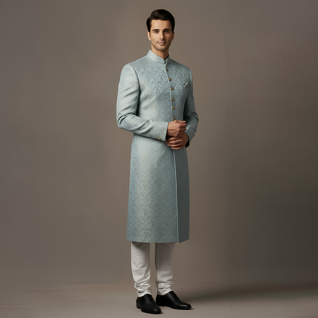 Premium Atlas Jamawar Pastel Blue Sherwani