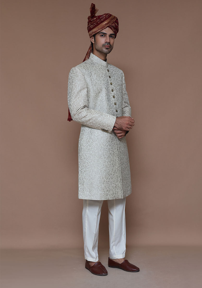 Premium Zari Karandi Jamawar Creme Brulee Couture Sherwani