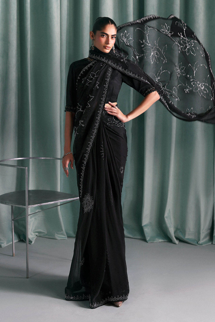 Embellished Chiffon Saree - Black