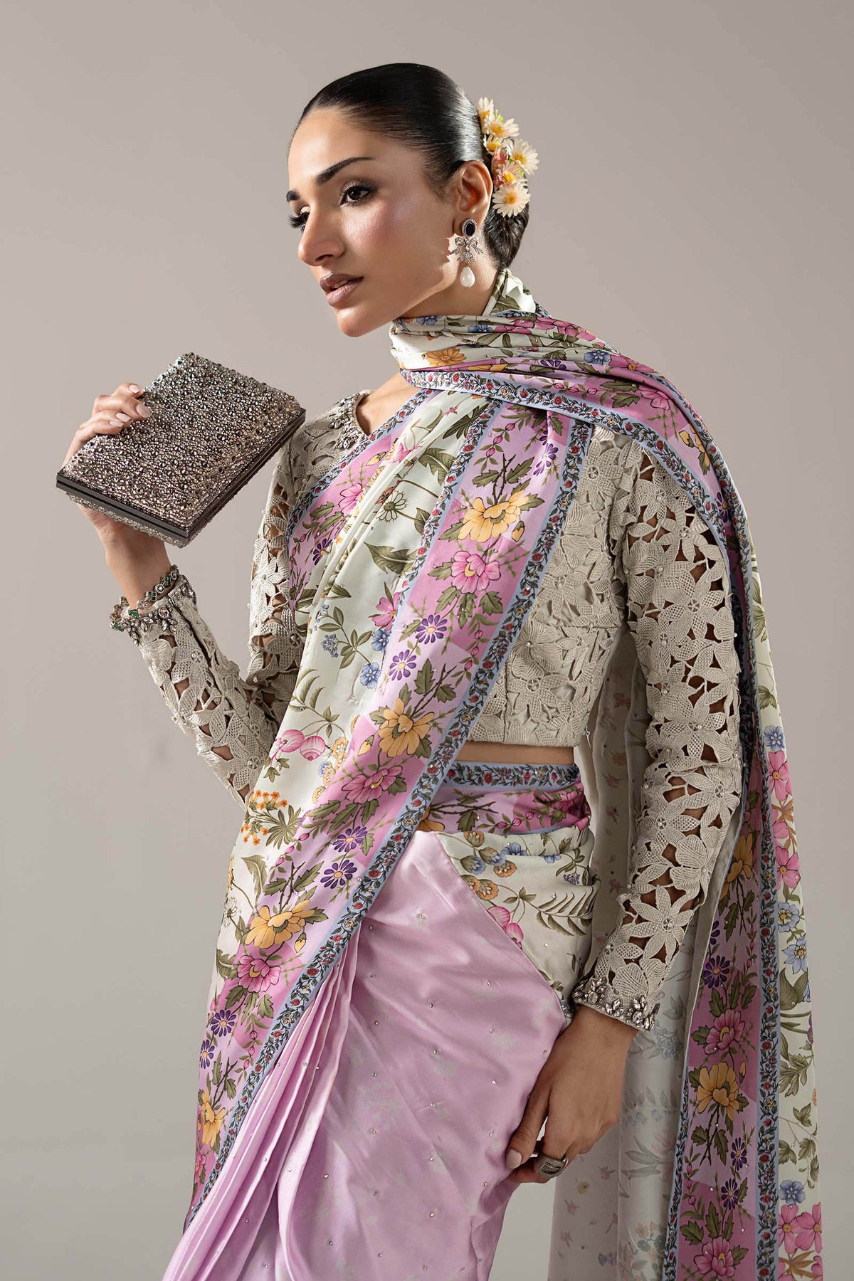 Embellished Charmeuse Saree - Off White