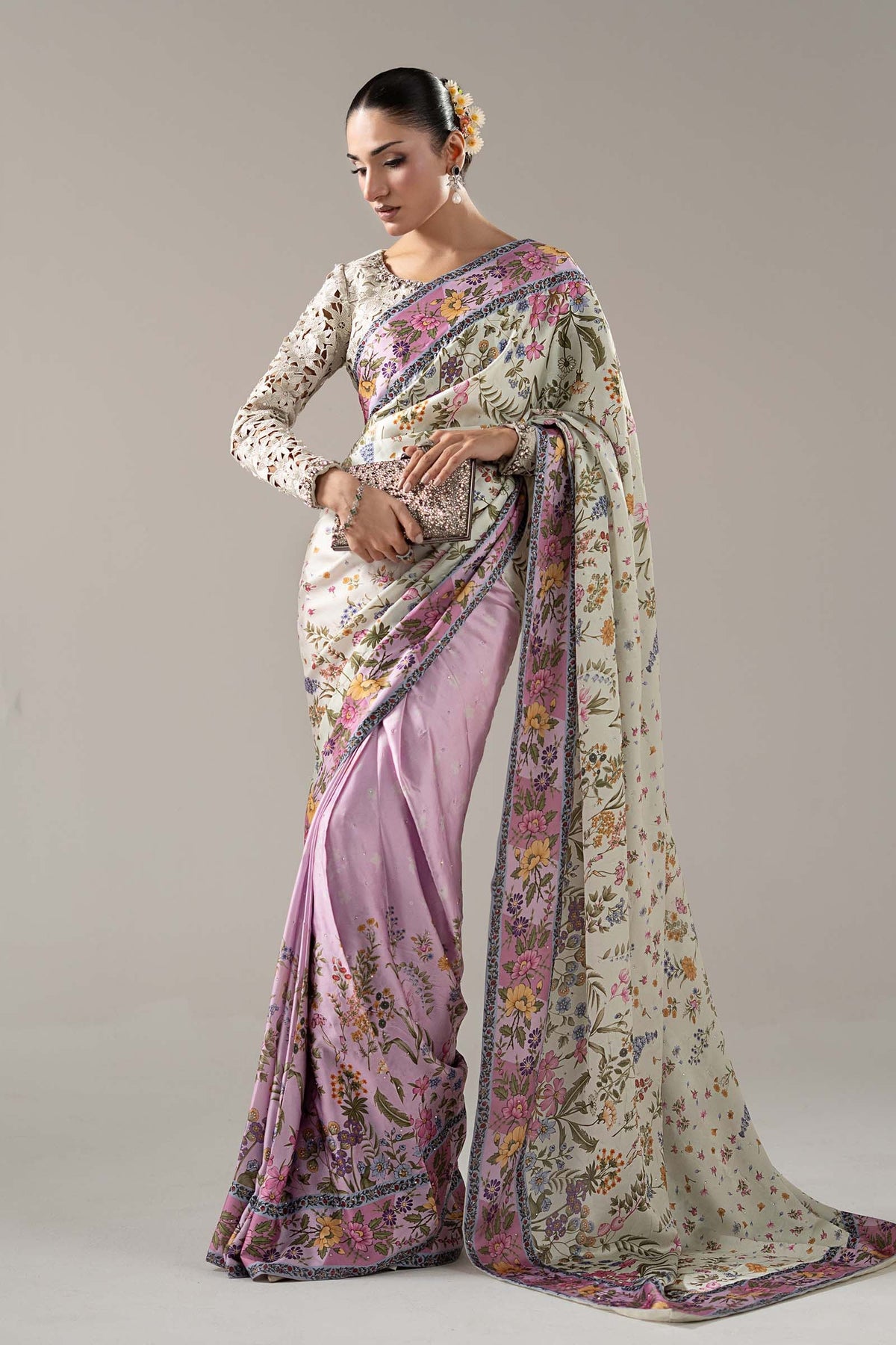 Embellished Charmeuse Saree - Off White