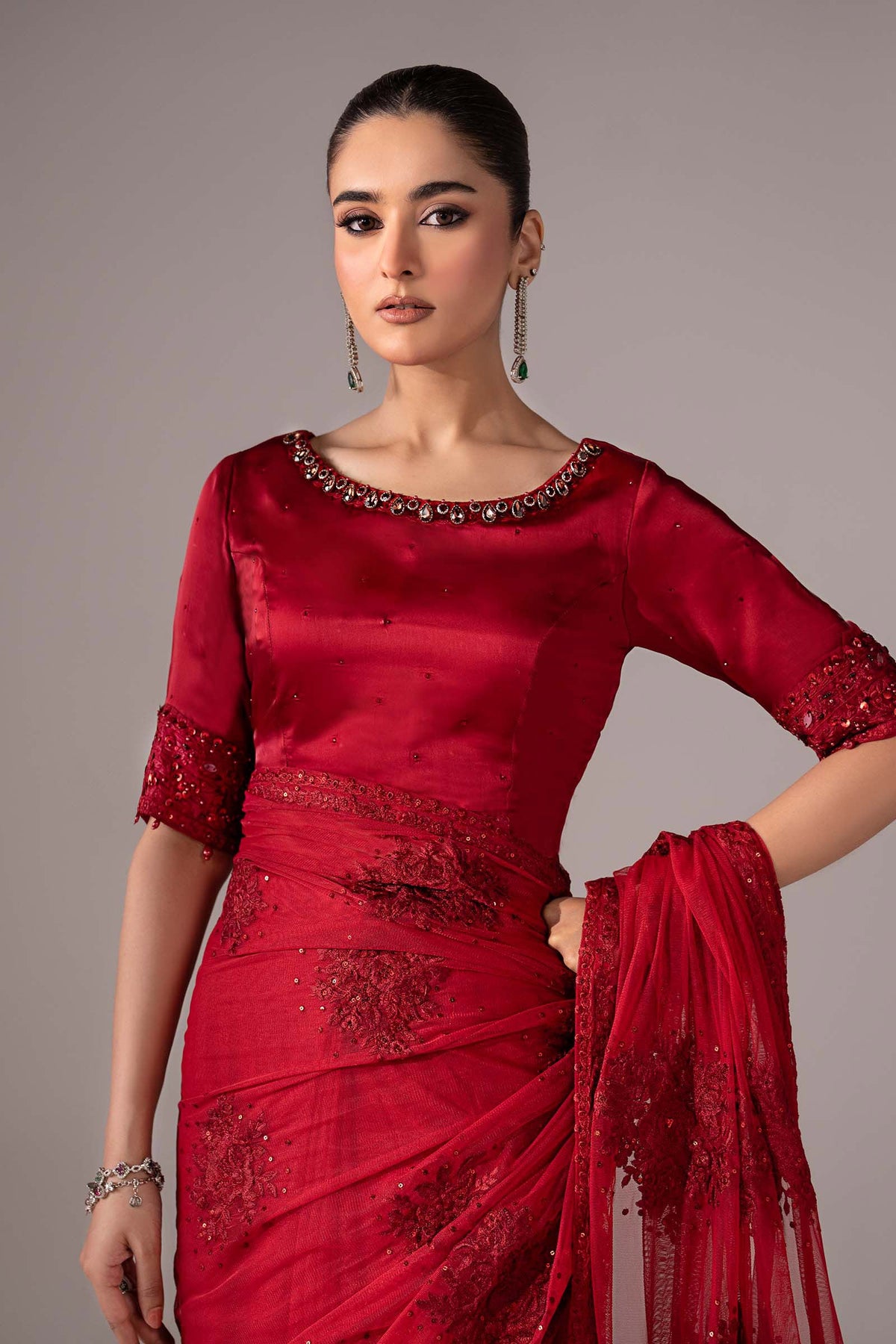 Embroidered Chiffon Saree - Red