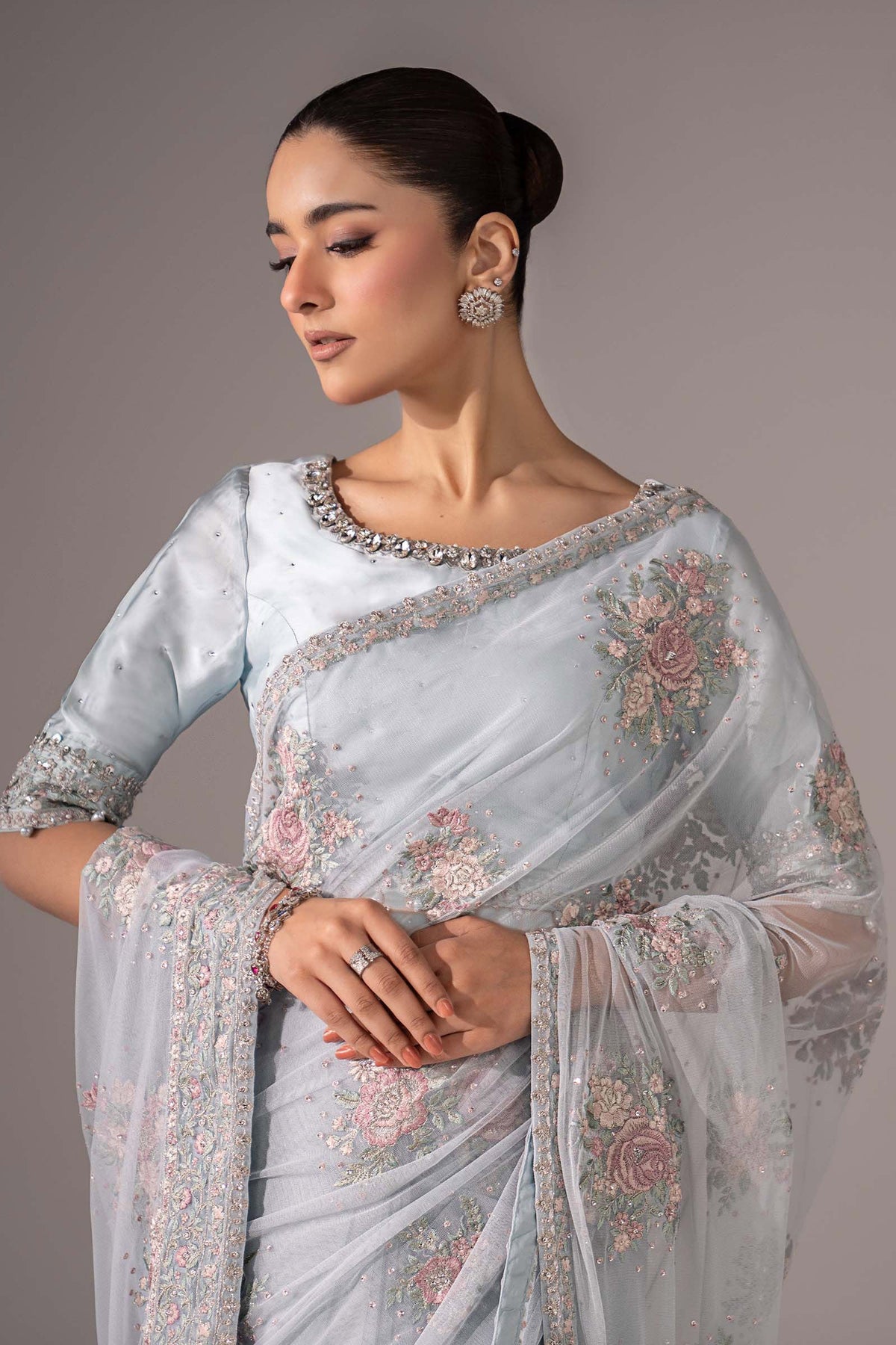 Embroidered Chiffon Saree - Ice Blue