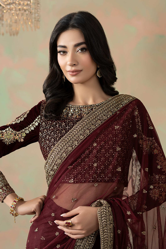 Embroidered Net Saree - Maroon