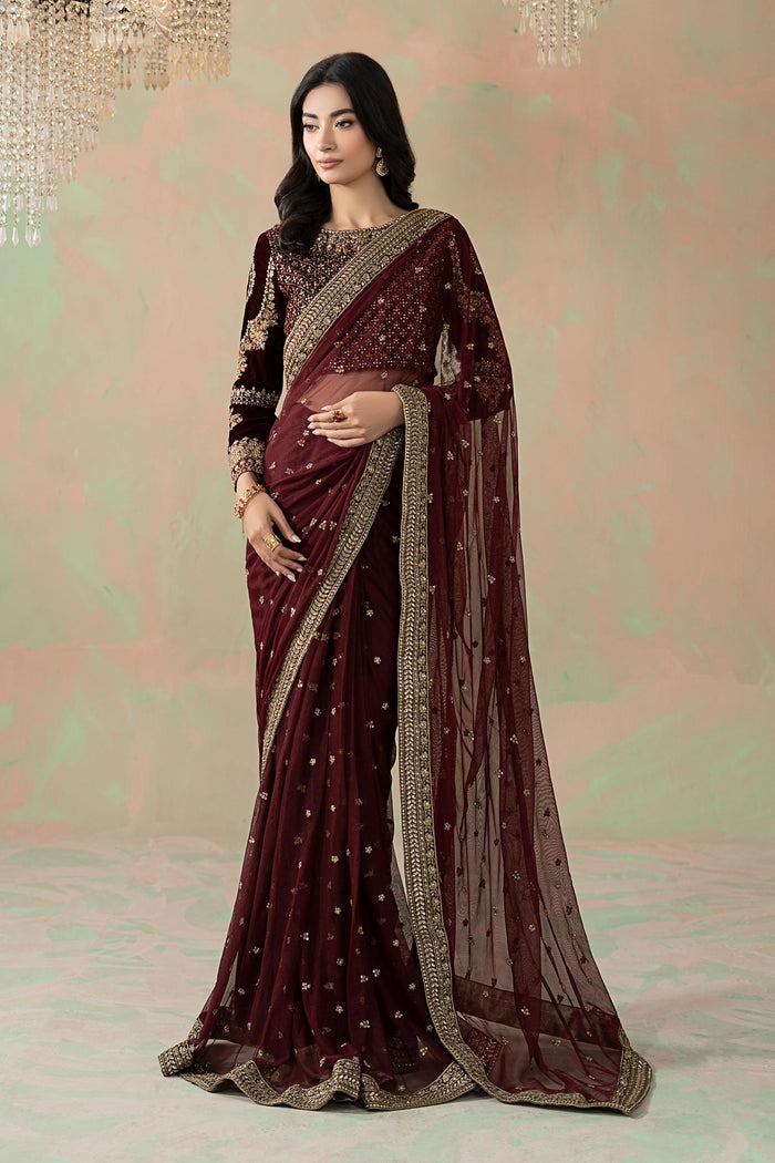 Embroidered Net Saree - Maroon