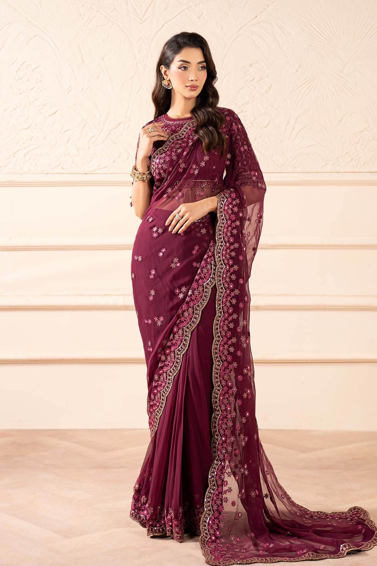 Embroidered Chiffon Saree - Plum