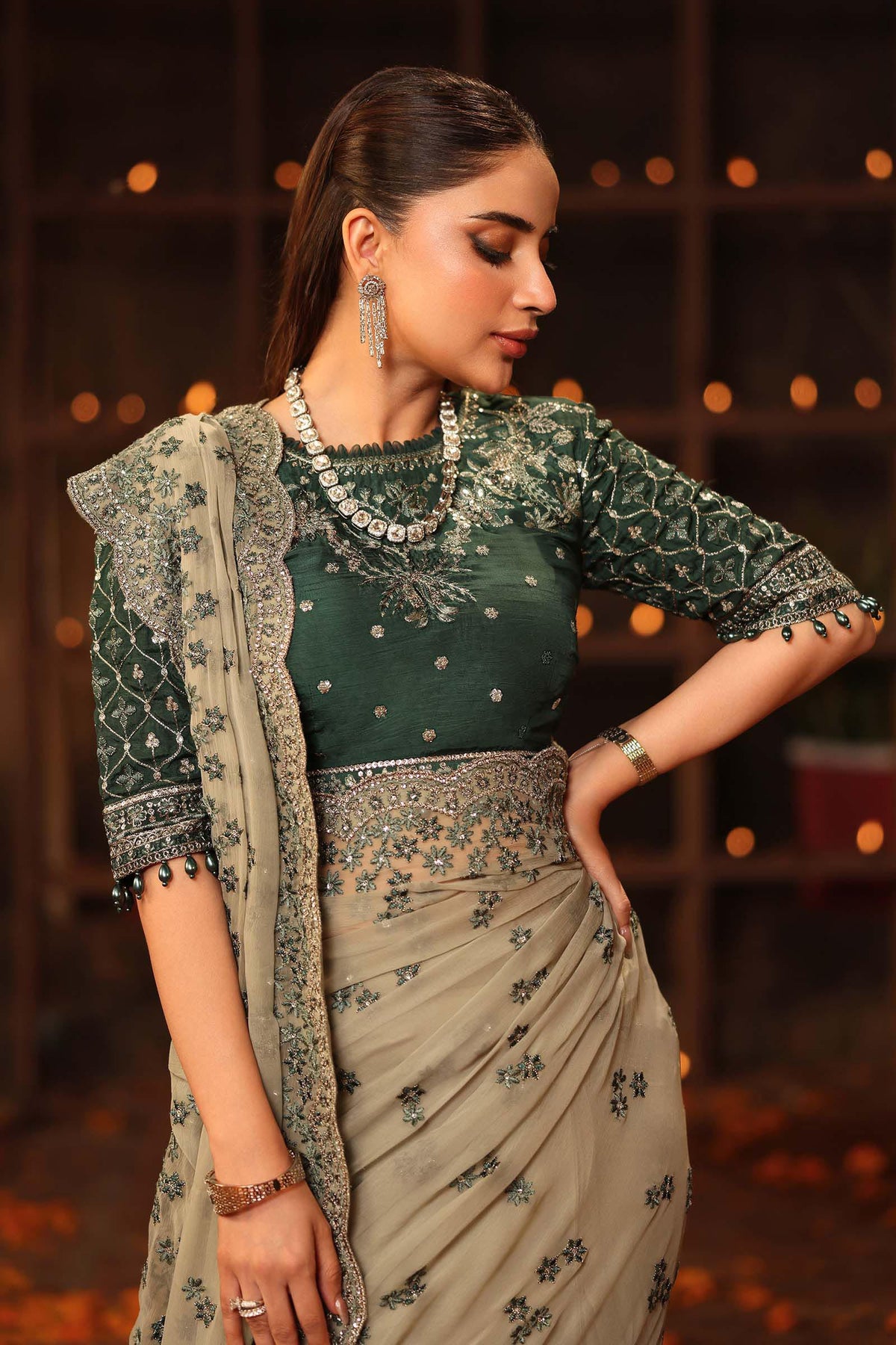 Embroidered Chiffon Saree - Emerald
