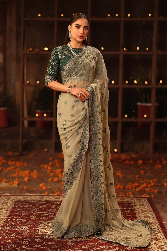 Embroidered Chiffon Saree - Emerald