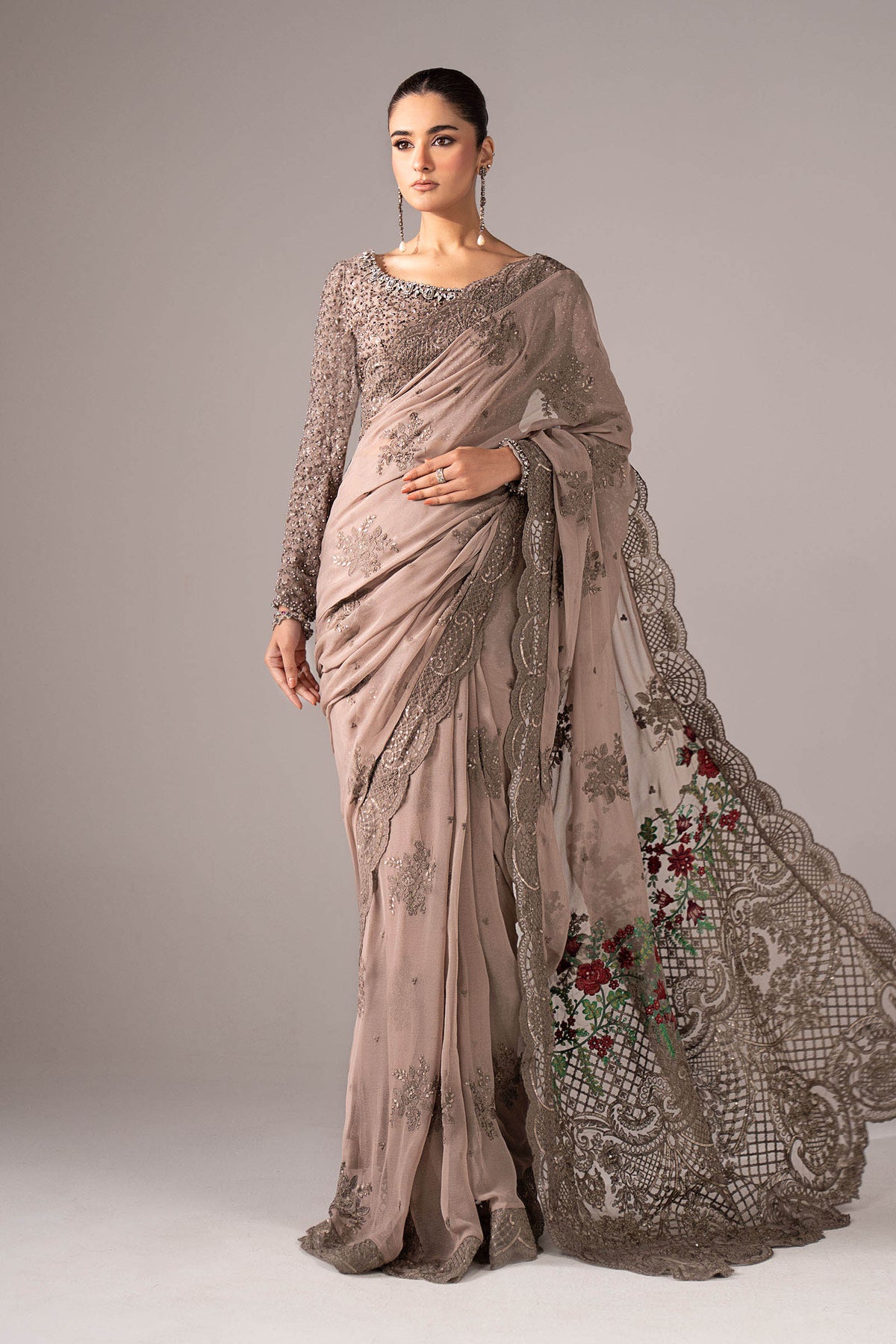 Embroidered Chiffon Saree - Grey