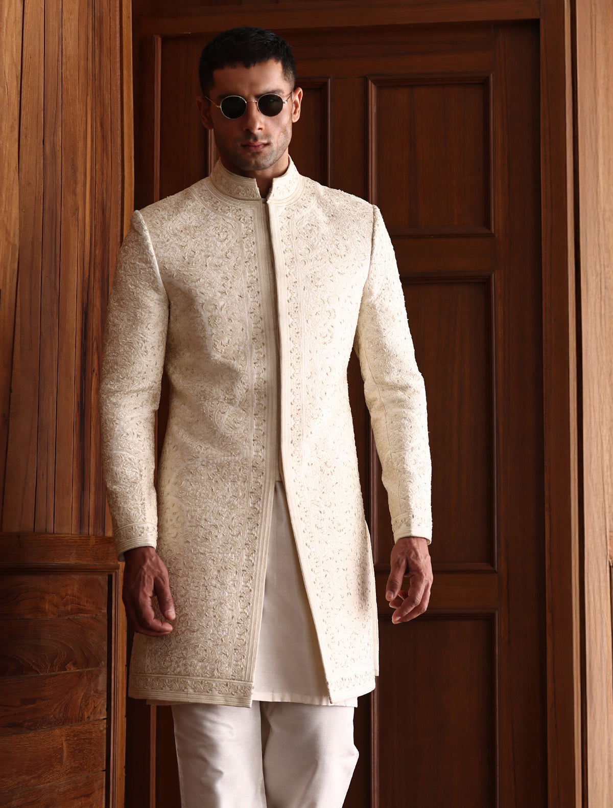 Cream Short Length Embroidered Sherwani