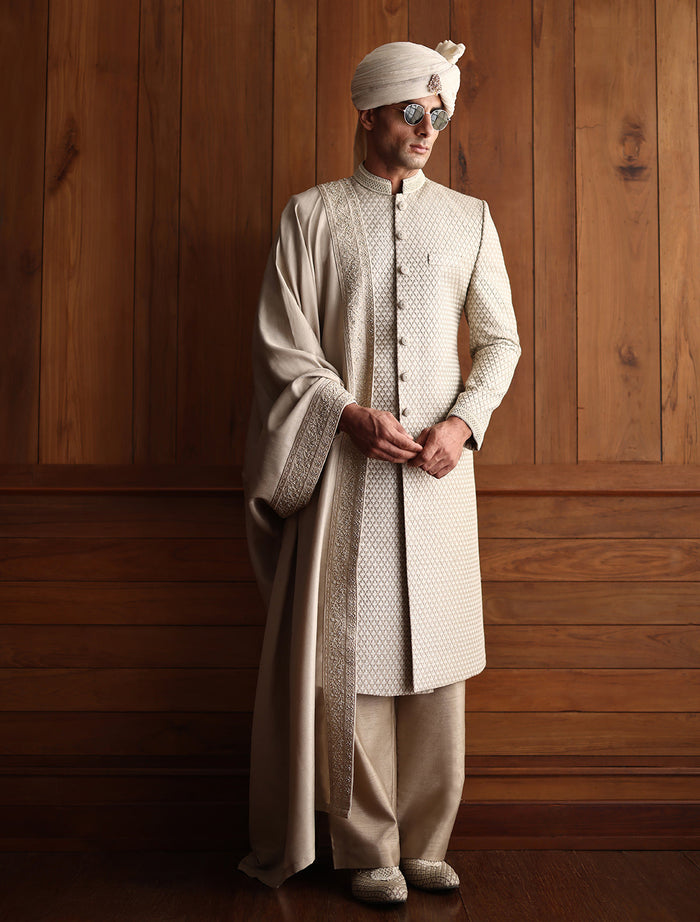 Ivory Embroidered Sherwani Crafted On Taupe Rawsilk