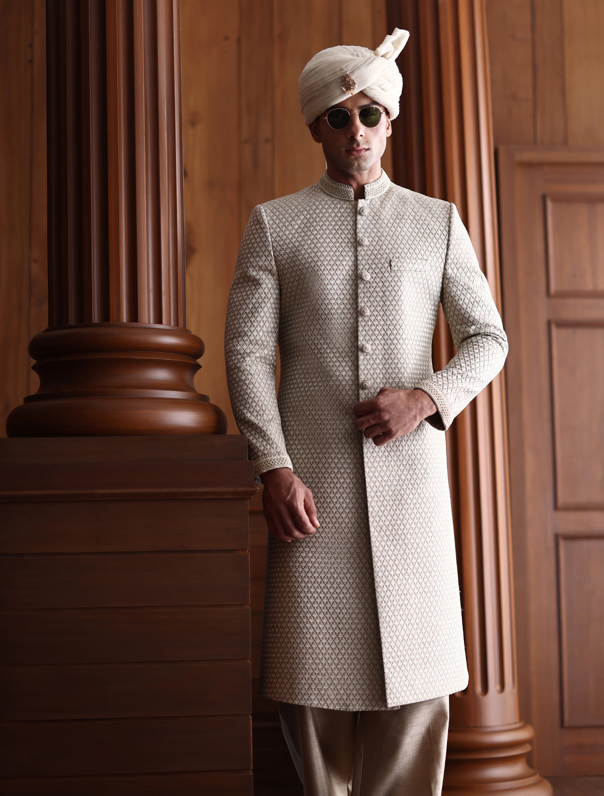Ivory Embroidered Sherwani Crafted On Taupe Rawsilk