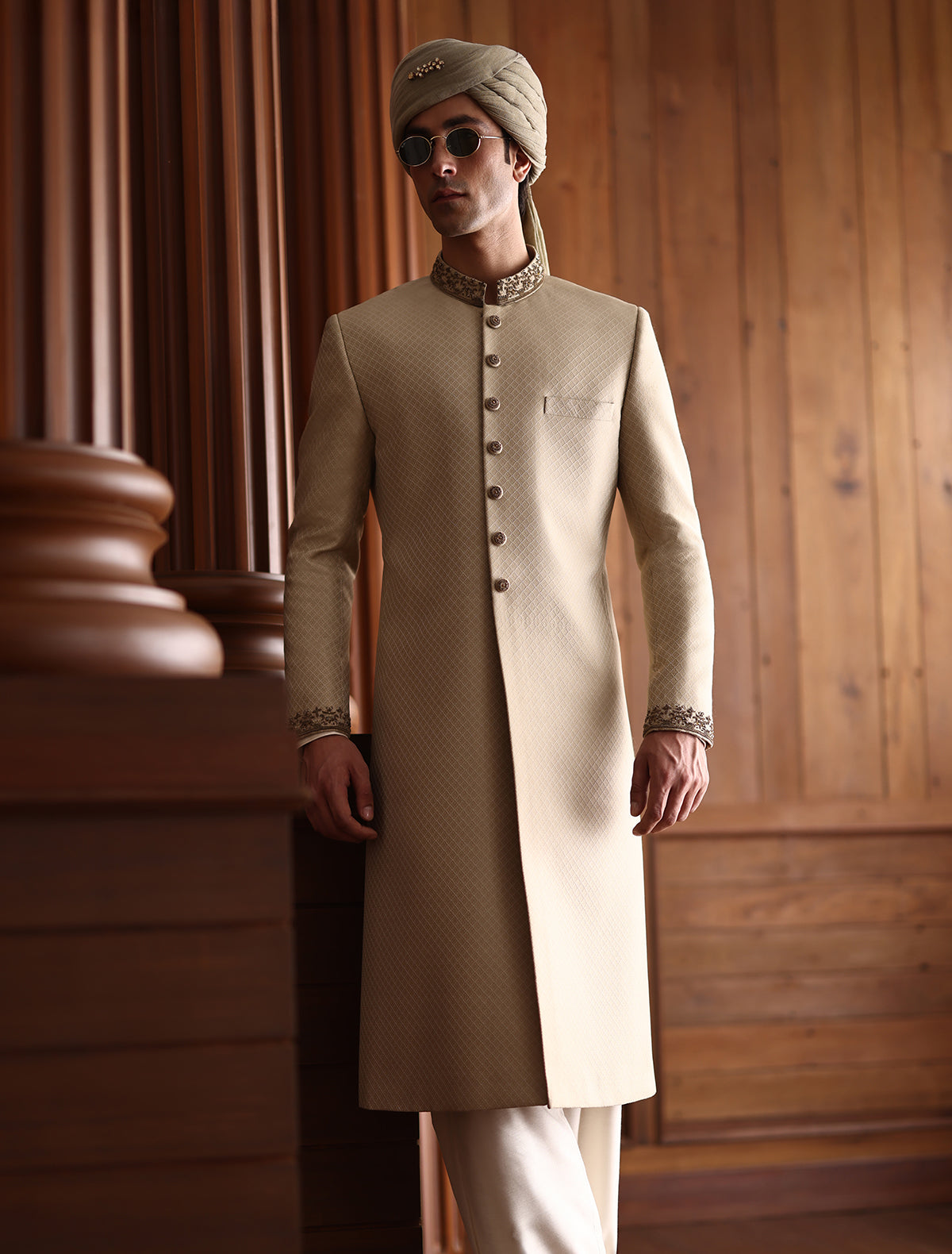 Beige Classic Jamawar Sherwani with Hand Embroidery