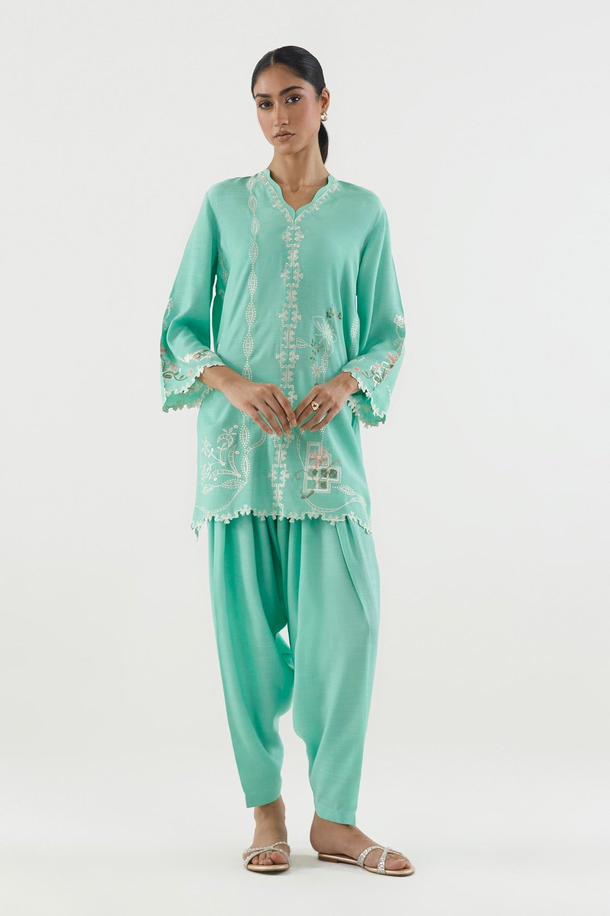 Green Embroidered Raw Silk Shirt + Shalwar