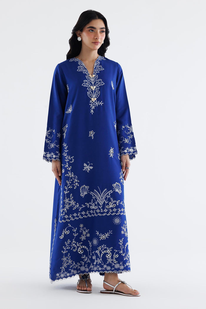 Royal Blue Embroidered Raw Silk Shirt + Culotte