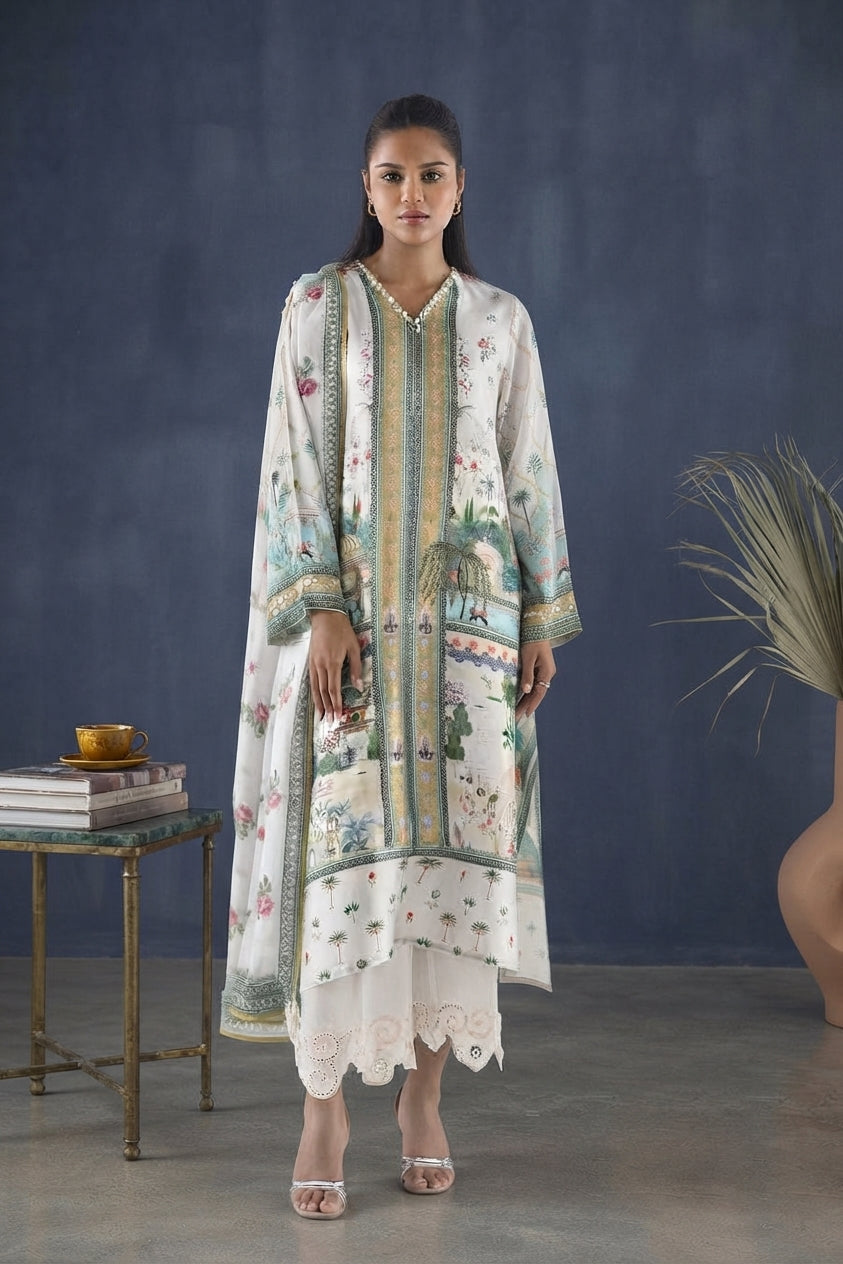 Fawn Printed Satin Shirt + Dupatta