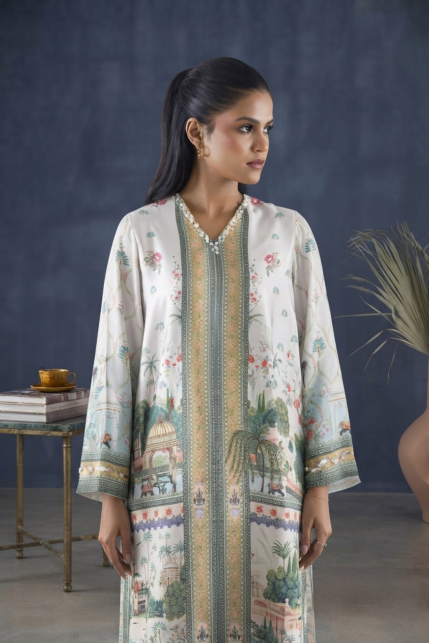 Fawn Printed Satin Shirt + Dupatta