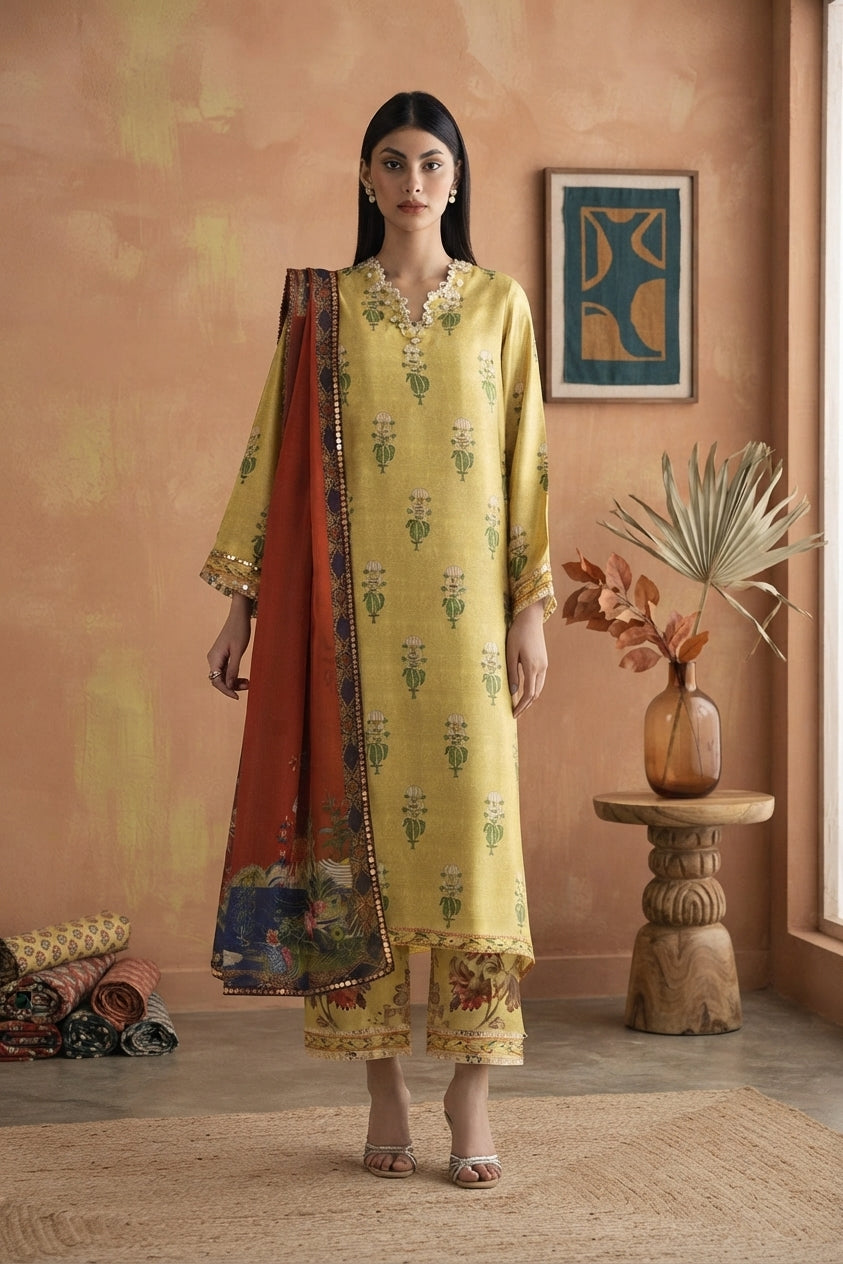 Mustard Printed Satin Suit
