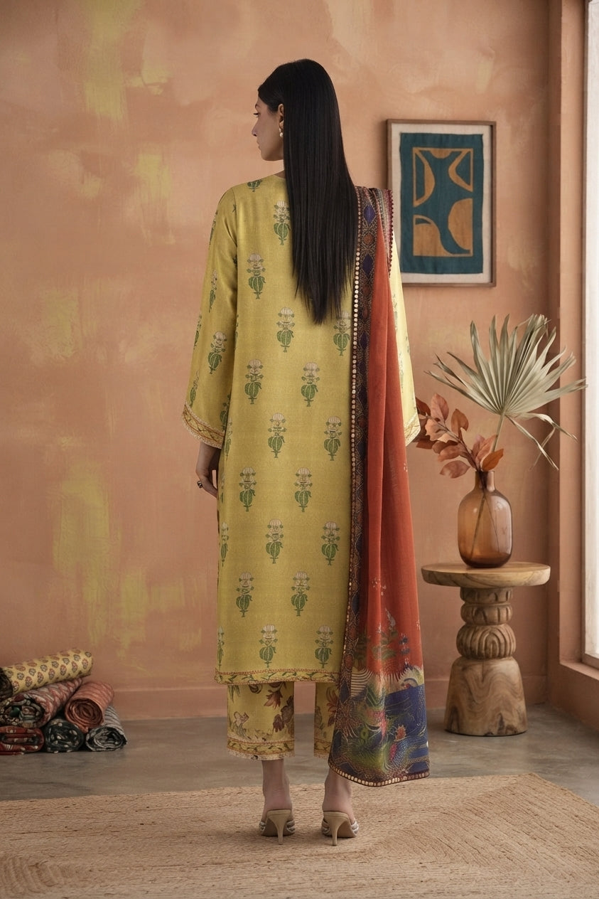 Mustard Printed Satin Suit