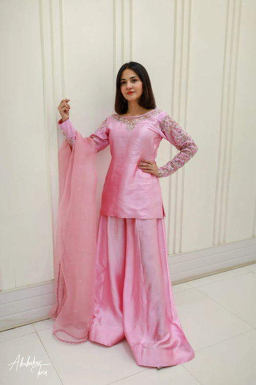 BABY PINK HAND EMBELLISHED KURTA WITH SHARARA AND DUPATTA