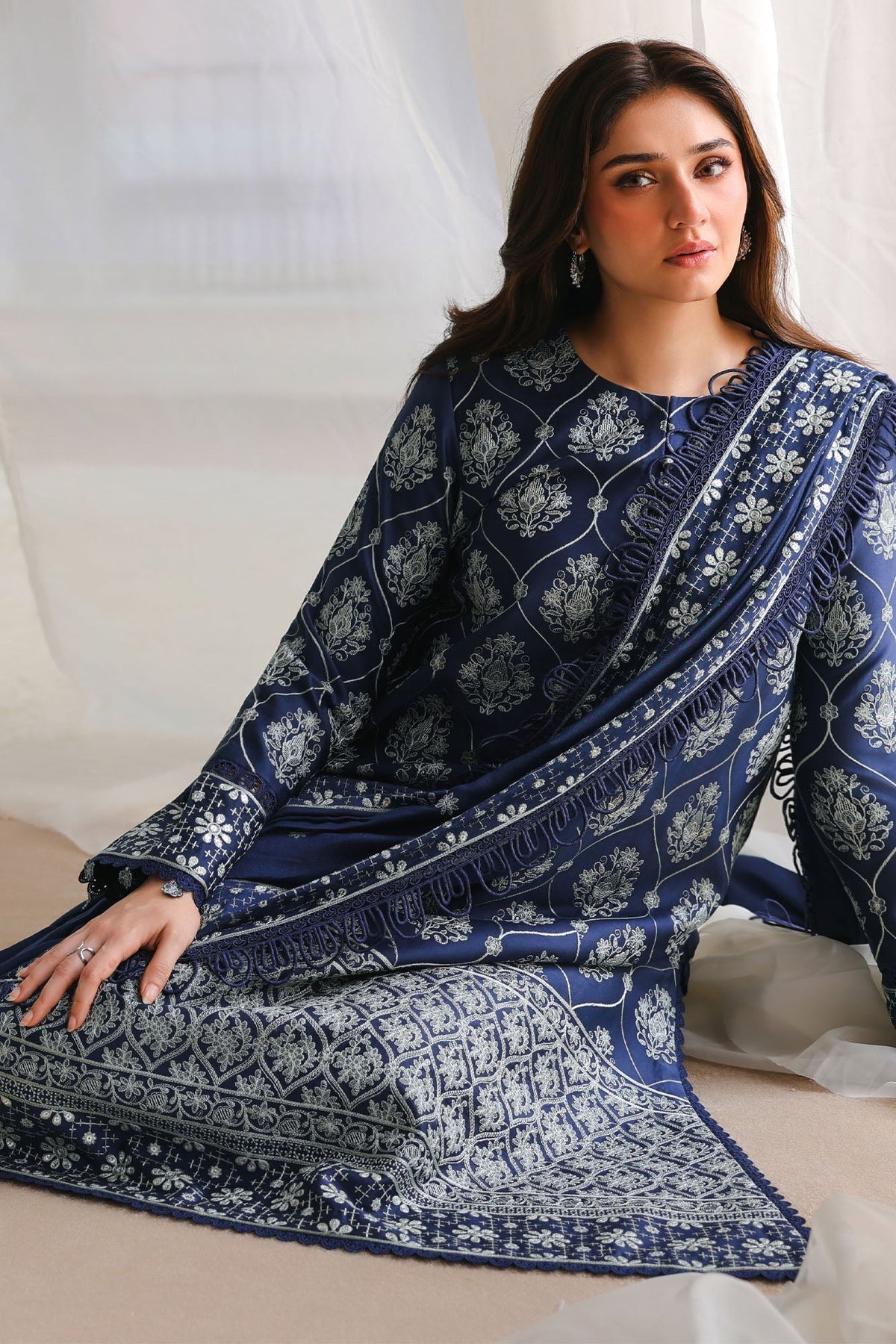 Obsidian Blue 3 Piece Satin Embroidered Suit