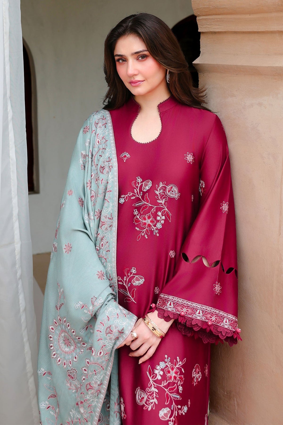 Vermillion Wood 3 Piece Satin Embroidered Suit