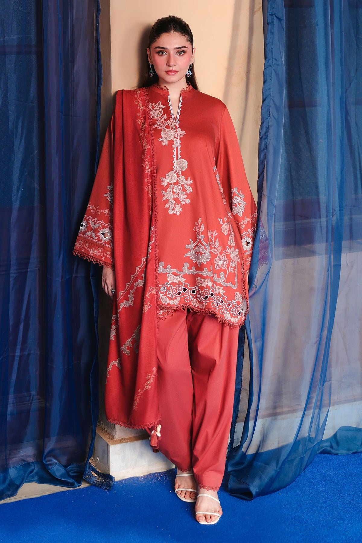 Russet Ember 3 Piece Satin Printed Suit