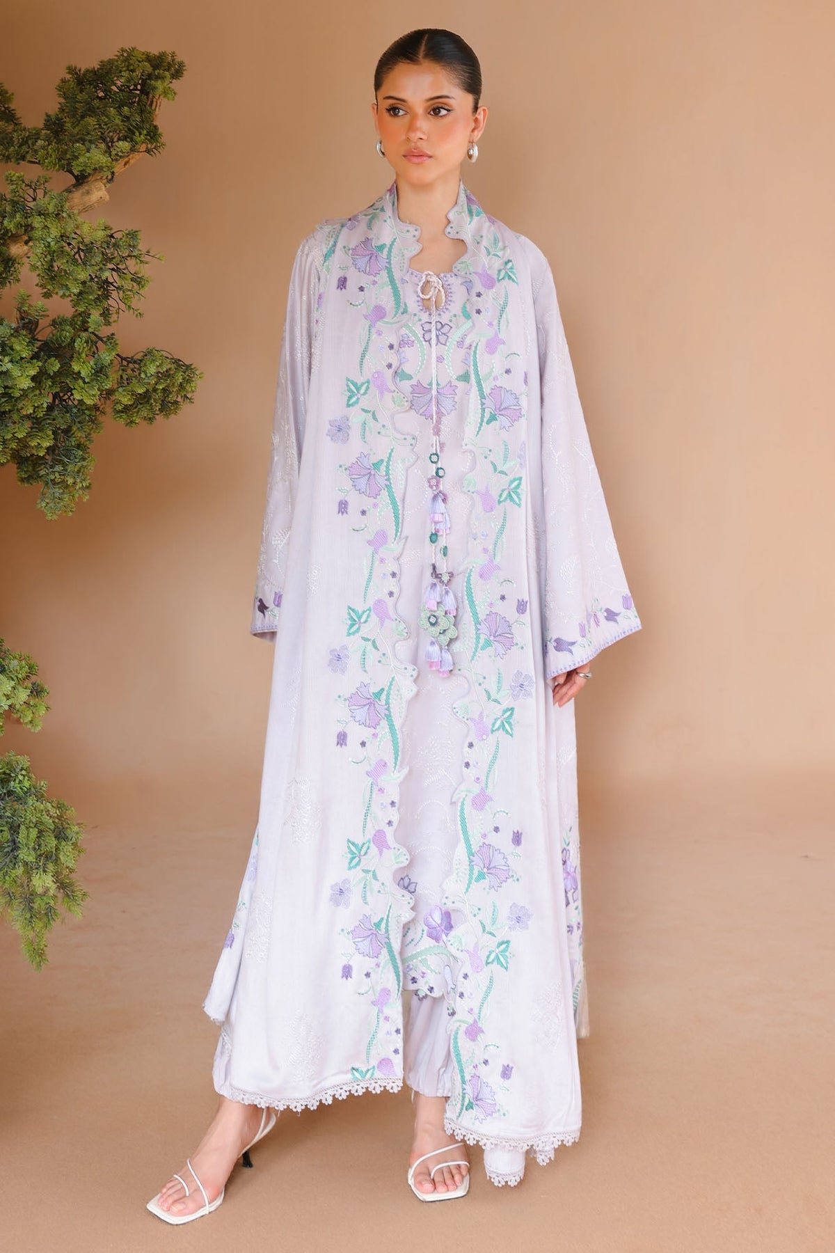 Mauve Tint 3 Piece Satin Embroidered Suit