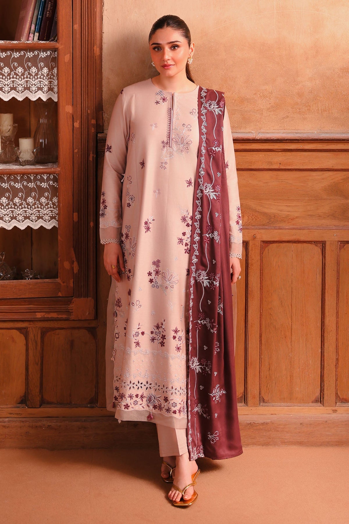 Sand Whisper 3 Piece Satin Embroidered Suit