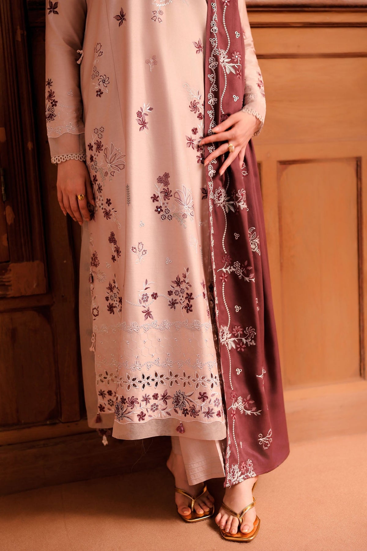 Sand Whisper 3 Piece Satin Embroidered Suit