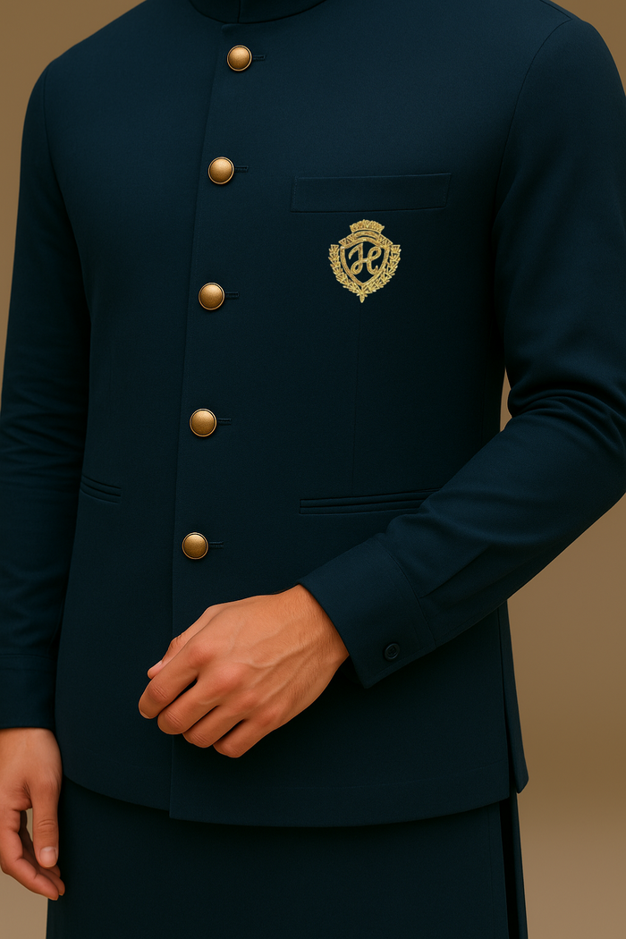 Navy Blue Waistcoat with Kurta/Pajama - Cotton Silk