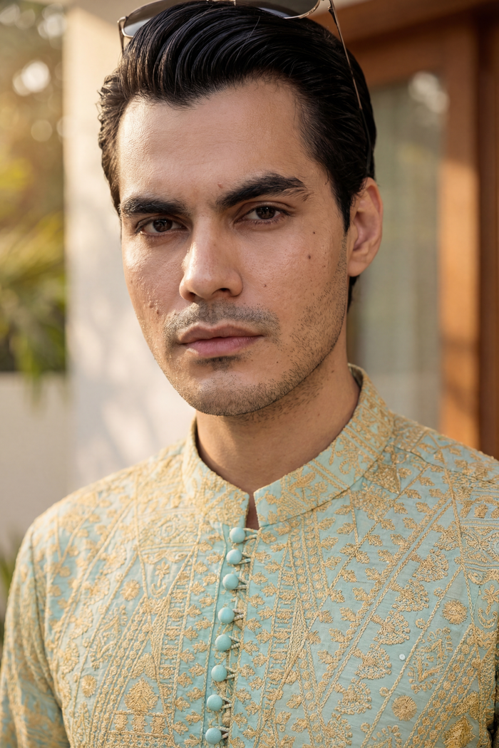 Mint Green & Gold Tarqee Kurta Pajama