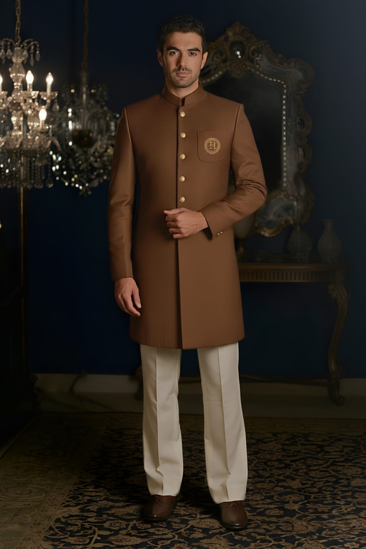 Brown Sherwani with Golden Motif
