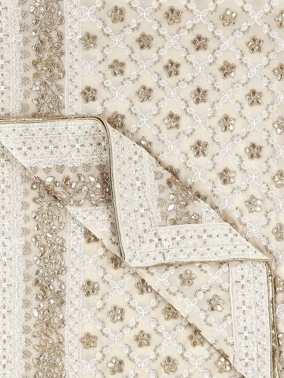 Cream Georgette Lucknowi Work Dupatta with Gotta Patti Work Men's Dupatta for Kurta/Sherwani/Achkan