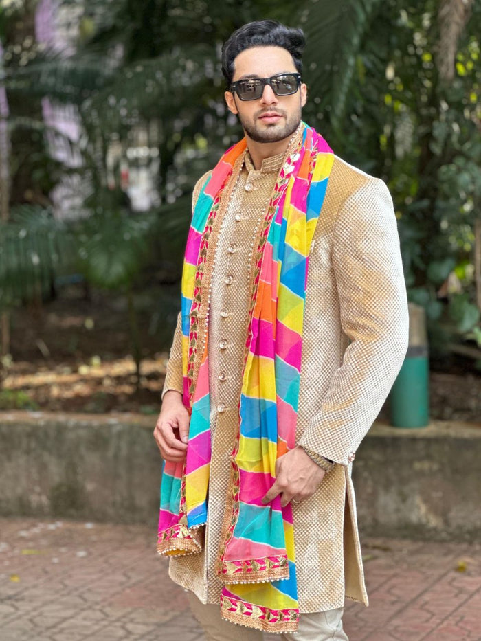 Men's Multi Printed Georgette Dupatta with Gotta Patti Work for Kurta/Sherwani/Achkan