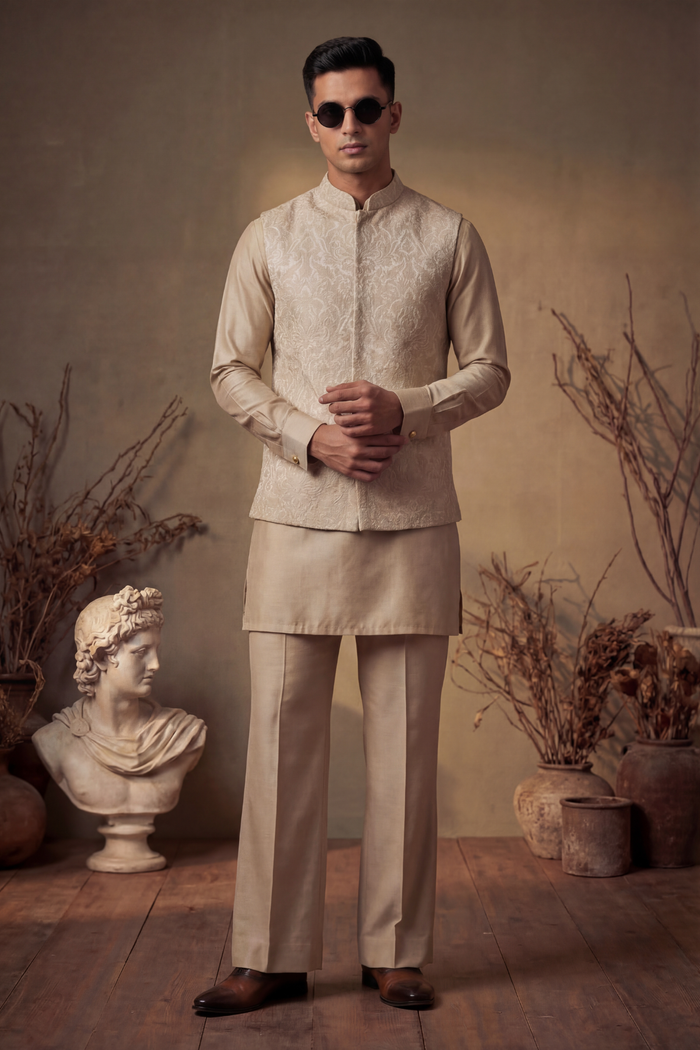 Beige Sequence Embroidered Waistcoat